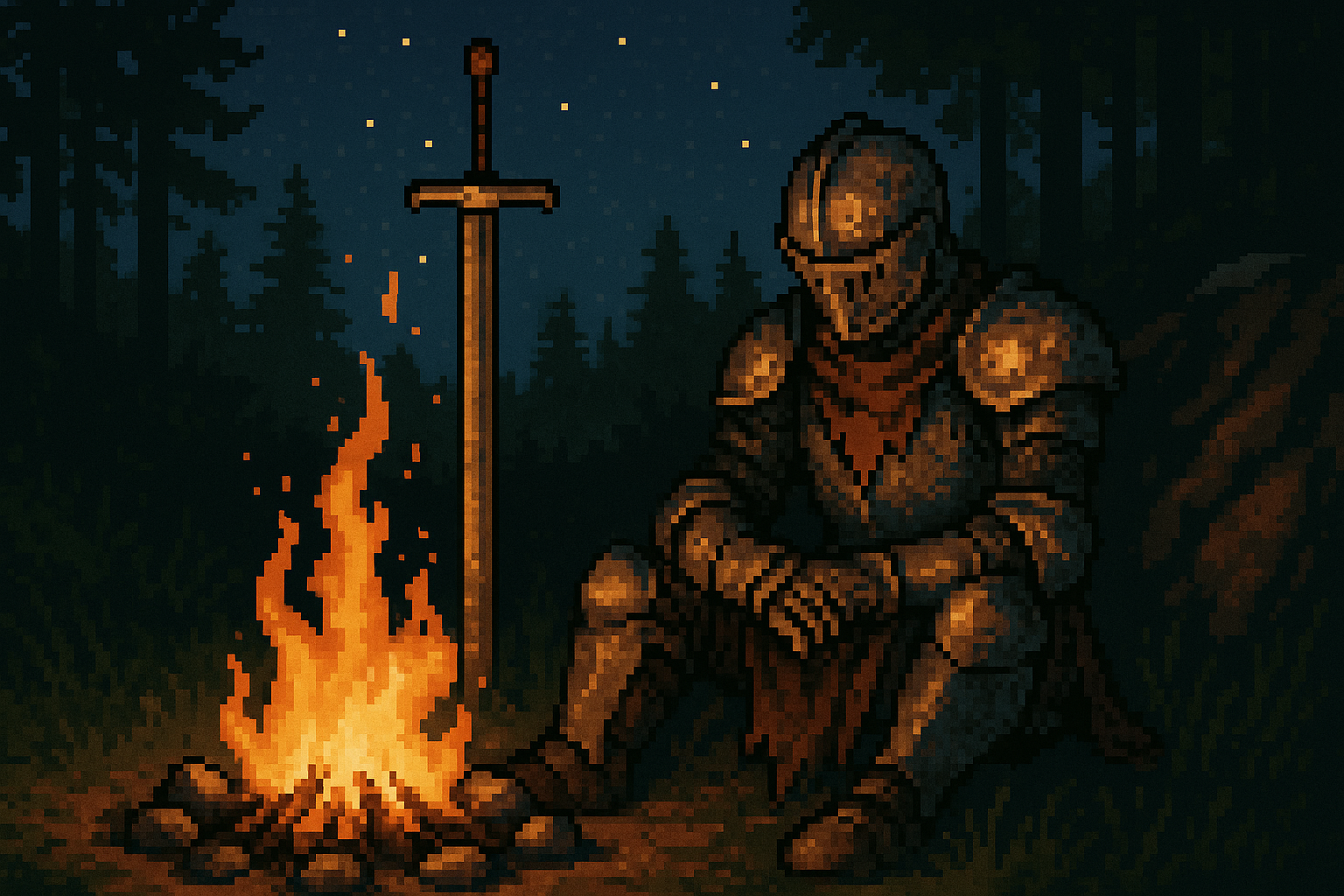 A weary knight resting by a bonfire under the stars